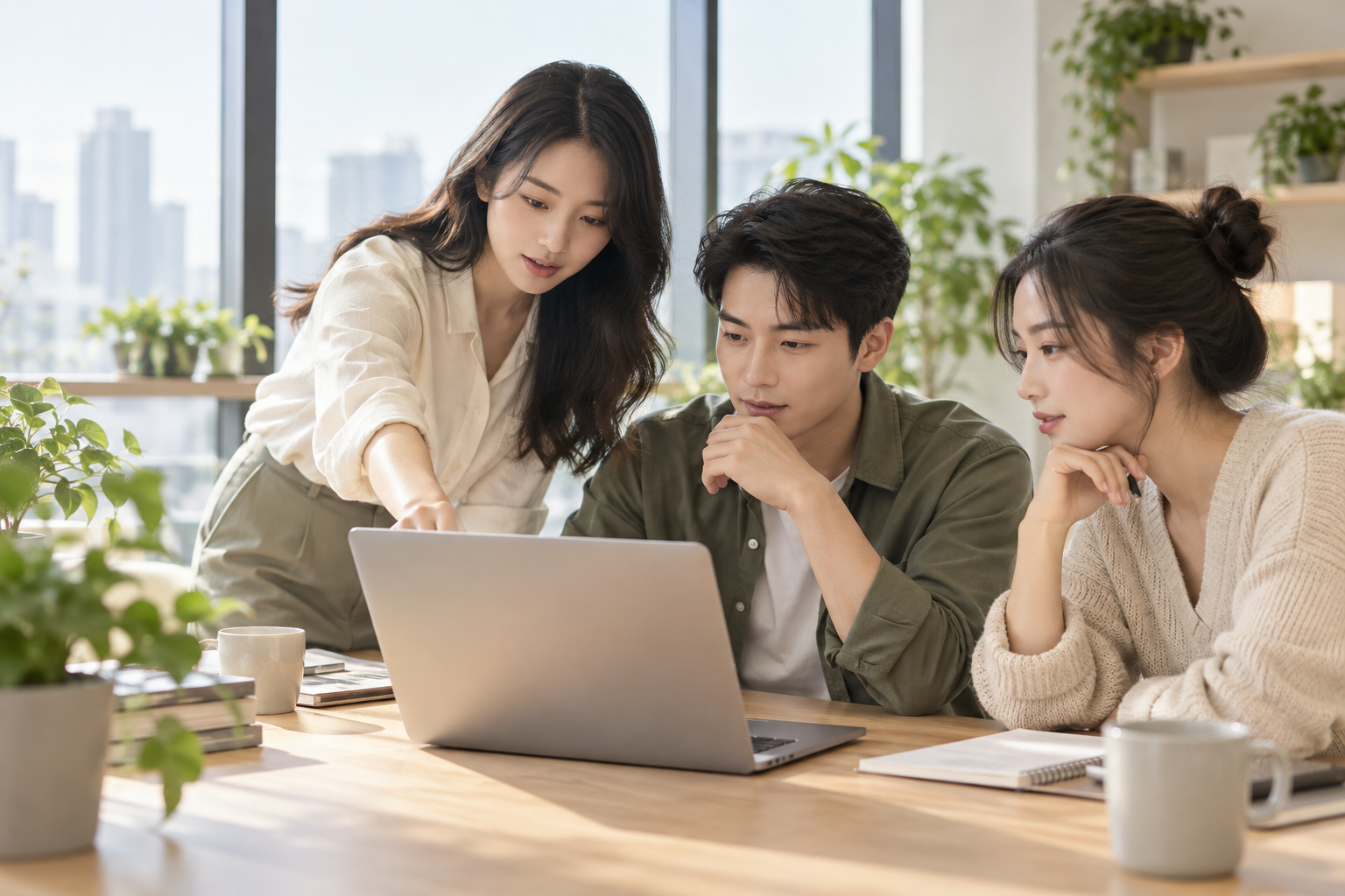 三位同事在明亮办公室围绕电脑协作的情境配图